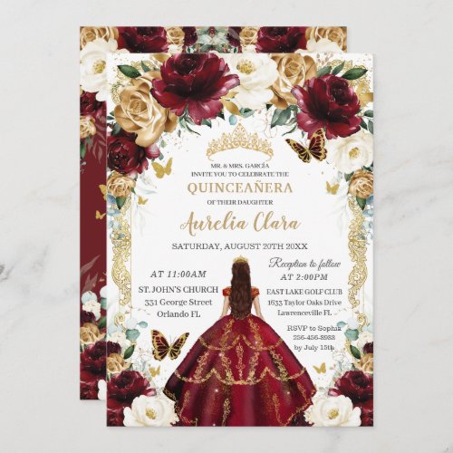 Quinceaera Burgundy Ivory Floral Vintage Gold Invitation