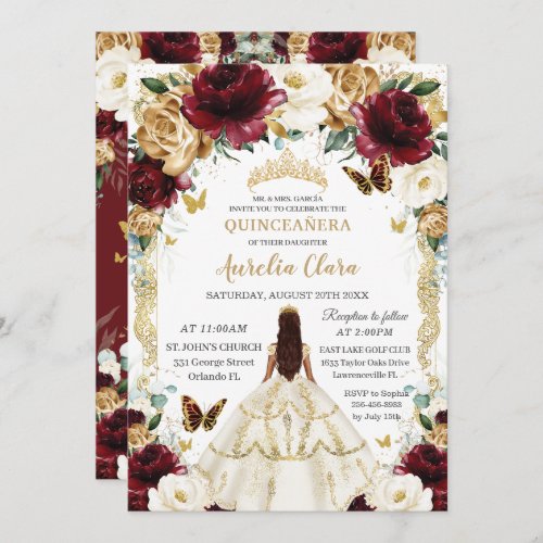 Quinceaera Burgundy Ivory Gold Floral Girl Dress Invitation