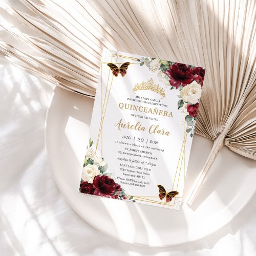 Quinceaera Burgundy Ivory White Floral Butterfly Invitation