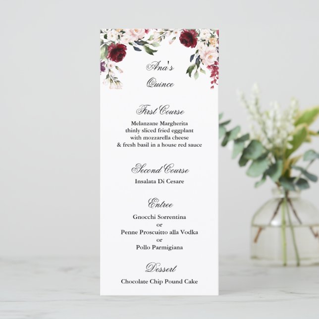 Quinceanera burgundy menu Template (Standing Front)