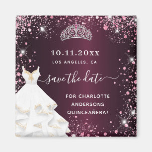 Quinceanera burgundy pink dress save the date magnet