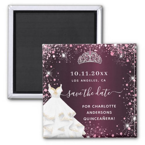 Quinceanera burgundy pink dress save the date magnet