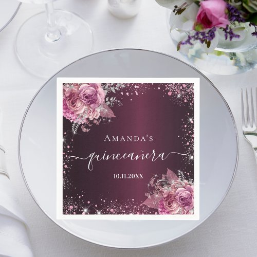 Quinceanera burgundy pink floral name script napkins