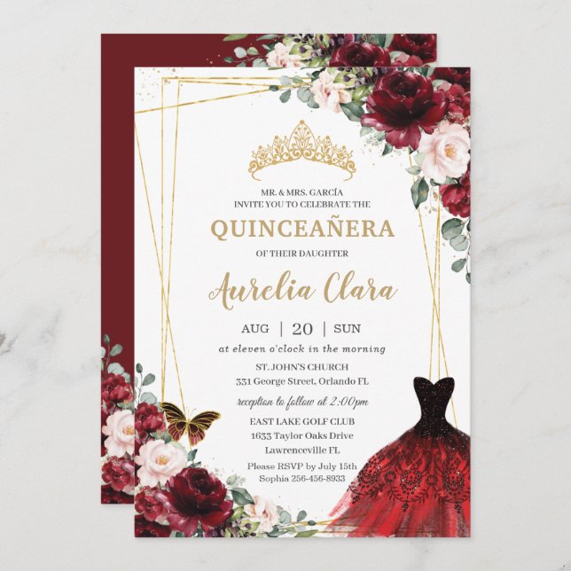 Quinceañera Burgundy Pink Floral Princess Gown  Invitation (Front/Back)