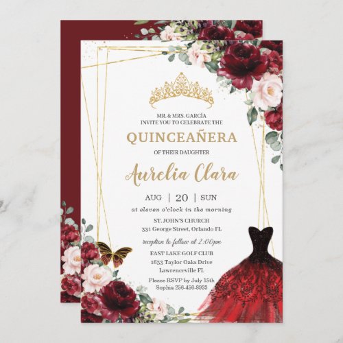 Quinceaera Burgundy Pink Floral Princess Gown  Invitation