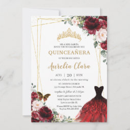 Quinceañera Burgundy Pink Floral Princess Gown Invitation | Zazzle