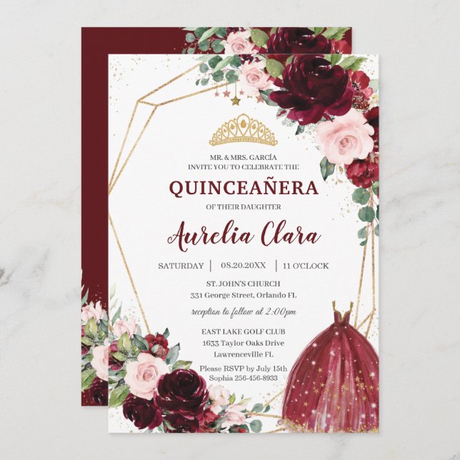 Quinceañera Burgundy Pink Floral Roses Ball Gown Invitation (Front/Back)