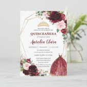 Quinceañera Burgundy Pink Floral Roses Ball Gown Invitation (Standing Front)