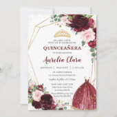 Quinceañera Burgundy Pink Floral Roses Ball Gown Invitation (Front)