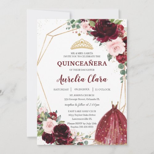 Quinceaera Burgundy Pink Floral Roses Ball Gown Invitation