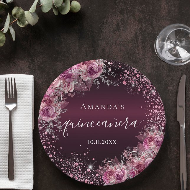 Quinceanera burgundy pink glitter floral name paper plates (Creator Uploaded)