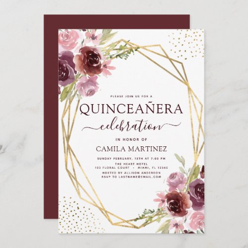 Quinceanera Burgundy Pink Modern Geometric Floral Invitation