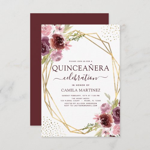 Quinceanera Burgundy Pink Modern Geometric Floral Invitation