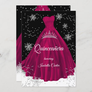 Quinceanera Burgundy pink snowflake Silver Dress Invitation