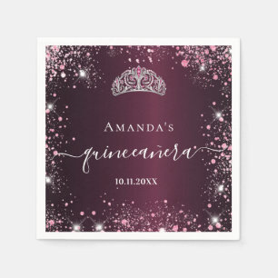 Quinceanera burgundy pink tiara name script napkins