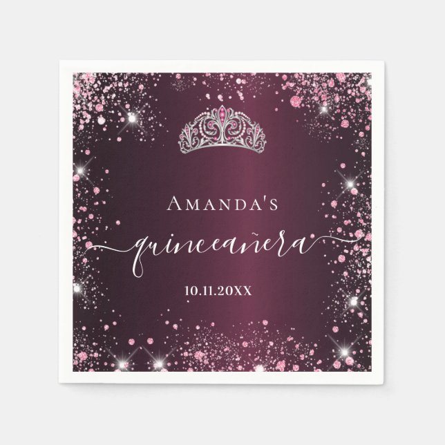Quinceanera burgundy pink tiara name script napkins (Front)
