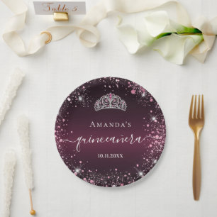 Quinceanera burgundy pink tiara name script paper plates