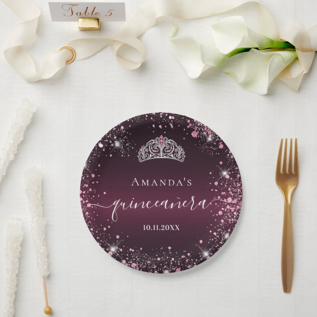 Quinceanera burgundy pink tiara name script paper plates (Wedding)