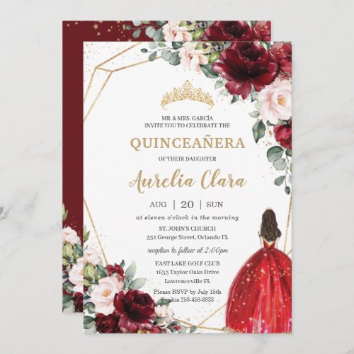 Quinceaera Burgundy Red Blush Floral Princess  Invitation