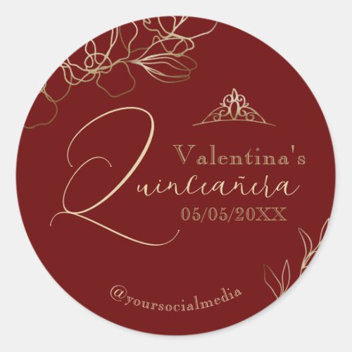 Quinceaera Burgundy Red Floral Classic Round Sticker
