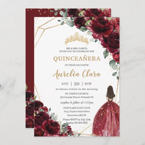 Quinceaera Burgundy Red Floral Gold Princess  Invitation