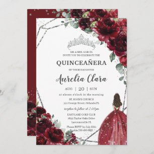 Quinceañera Burgundy Red Floral Silver Princess  Invitation