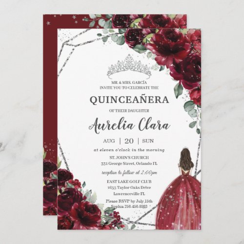 Quinceaera Burgundy Red Floral Silver Princess  Invitation