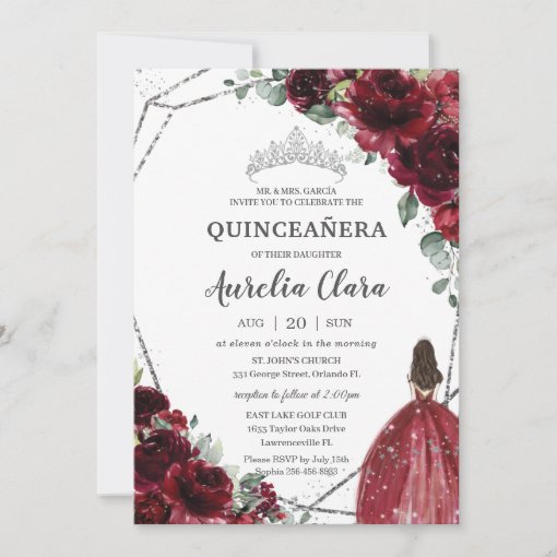 Quinceañera Burgundy Red Floral Silver Princess Invitation | Zazzle