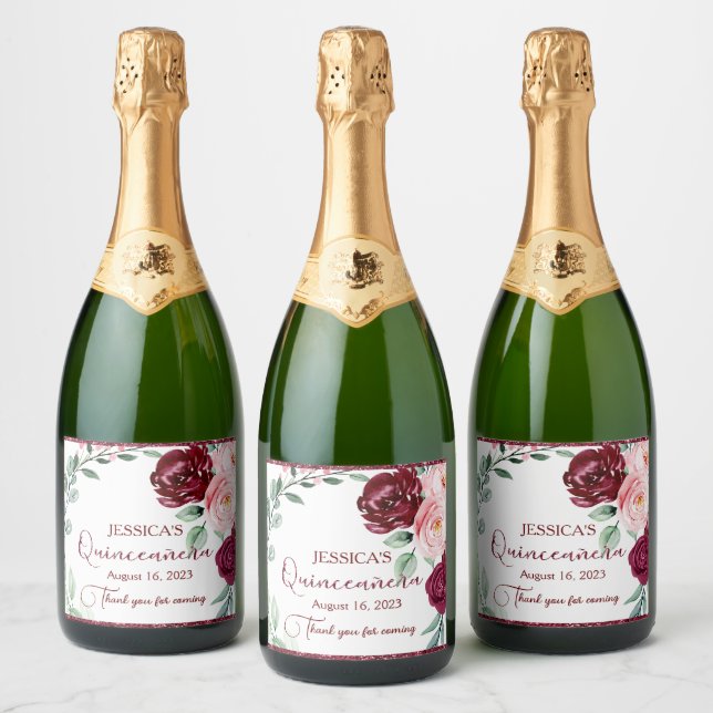 Quinceanera Burgundy Red Floral Sparkling Wine Lab Label (Bottles)