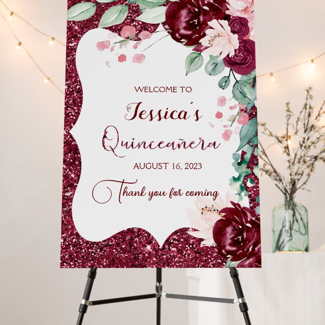 Quinceanera Burgundy Red Floral Welcome Sign (In Situ (Stand))