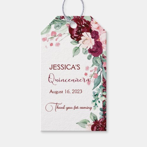 Quinceanera Burgundy Red Glitter Floral Gift Tag