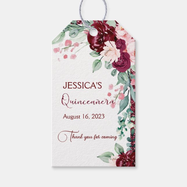 Quinceanera Burgundy Red Glitter Floral Gift Tag (Front)