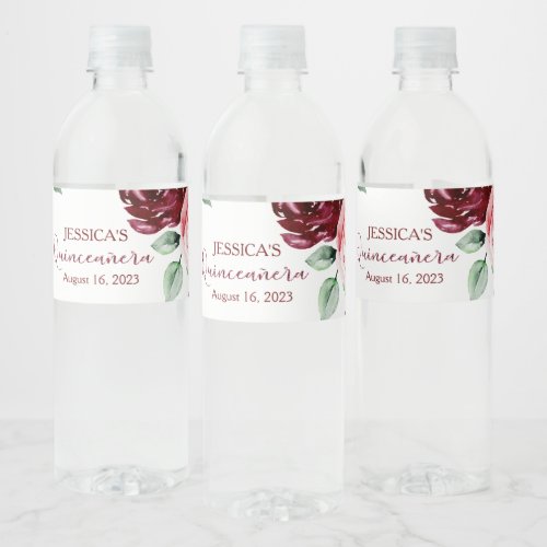 Quinceanera Burgundy Red Glitter Water Label