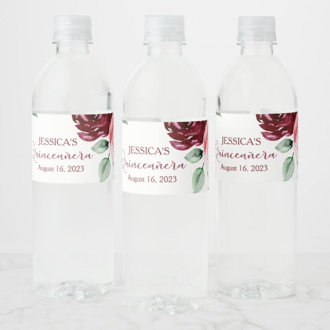 Quinceanera Burgundy Red Glitter Water Label (Bottles)
