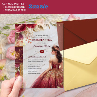 Quinceañera Burgundy Red Gold Quince Dress Flowers Acrylic Invitations