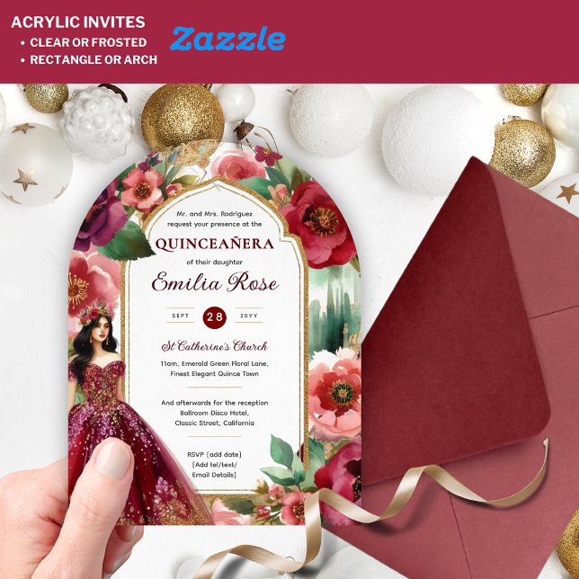 Quinceañera Burgundy Red Gold Quince Dress Flowers Acrylic Invitations (Creator Uploaded)