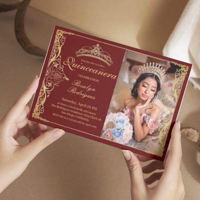 Quinceanera Burgundy Red Quinceanera with photo Invitation (Creator Uploaded)