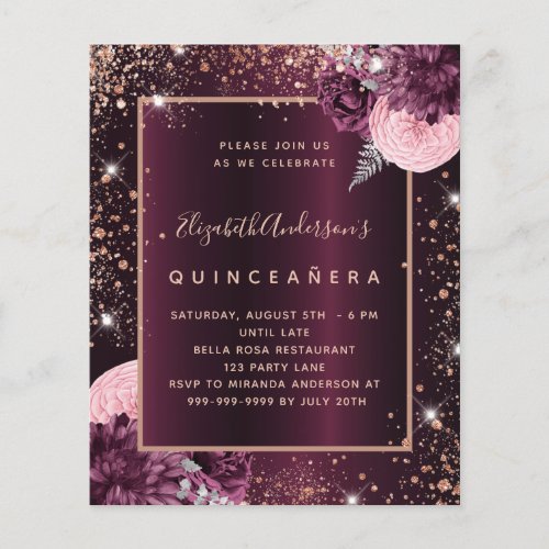 Quinceanera burgundy rose gold budget invitation flyer