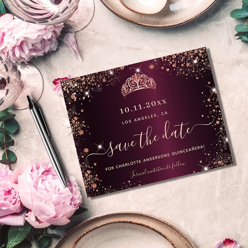 Quinceanera burgundy rose gold budget save date flyer