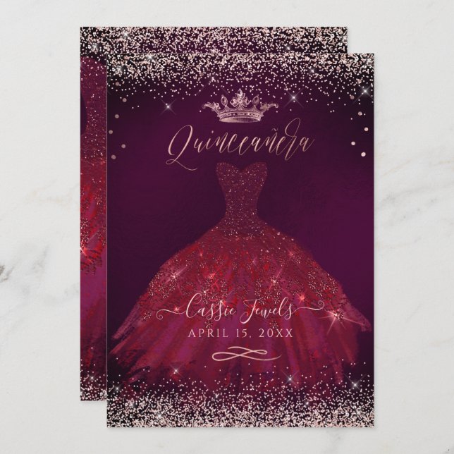 Quinceanera Burgundy Rose Gold Confetti+Princess Invitation (Front/Back)