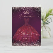 Quinceanera Burgundy Rose Gold Confetti+Princess Invitation (Standing Front)