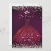 Quinceanera Burgundy Rose Gold Confetti+Princess Invitation (Front)