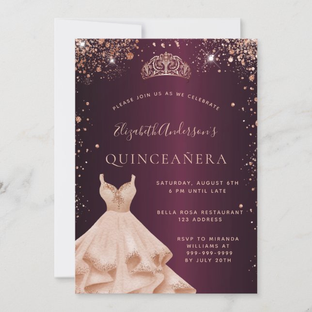 Quinceanera burgundy rose gold dress invitation (Front)