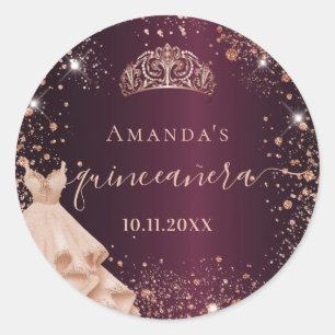 Quinceanera burgundy rose gold dress name script classic round sticker