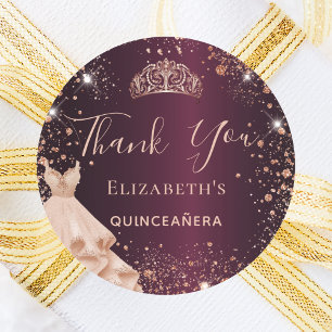 Quinceanera burgundy rose gold dress Thank You Classic Round Sticker