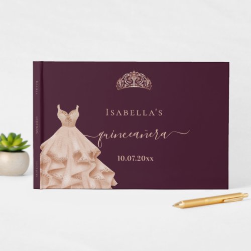Quinceanera burgundy rose gold dress tiara name guest book
