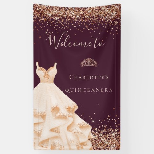 Quinceanera burgundy rose gold glitter dust banner