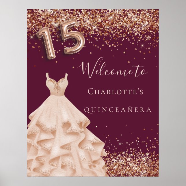 Quinceanera burgundy rose gold glitter dust dress poster (Front)