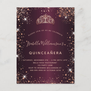 Quinceanera burgundy rose gold glitter dust tiara invitation postcard