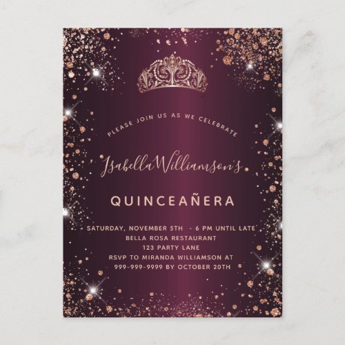 Quinceanera burgundy rose gold glitter dust tiara invitation postcard